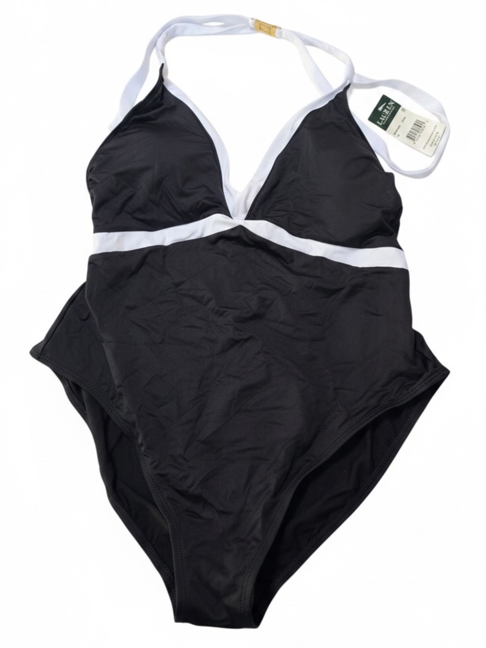 Lauren Ralph NEW Halter V-Neck Backless 12 Black White 1PC Swimsuit Colorblock - Picture 4 of 16